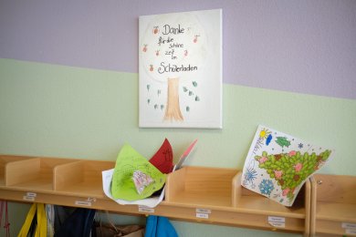 Blick auf die Garderobe des Schülerladens mit einem selbstgemachten Bild, auf dem sich für die Betreuung bedankt wird